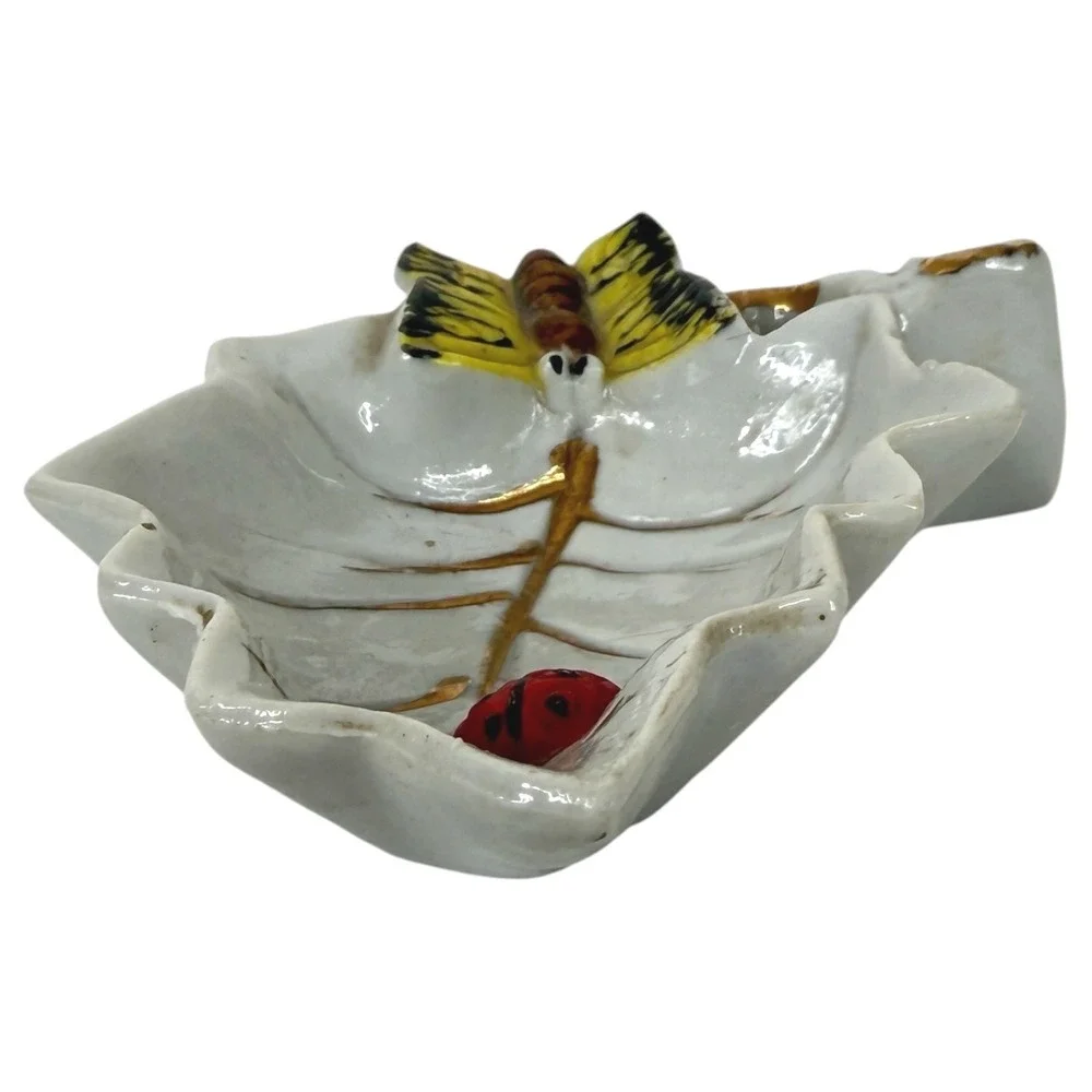 Teabag Holder Trinket Dish Ceramic White Butterfly Ladybug Leaf Japan Small